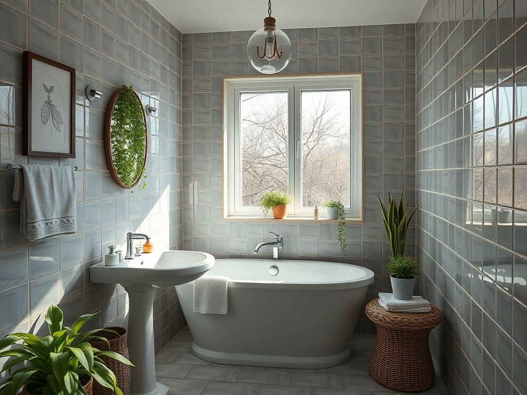 Современная ванная комната с ванной, раковиной и растениями на стенах. Светлое и воздушное пространство.