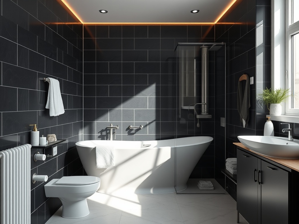 Современная ванная комната с черными плитками, ванной и душем, залитая естественным светом.