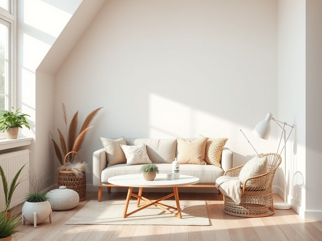 Современная светлая гостиная с диваном, круглым столом и растениями в уютном интерьере.