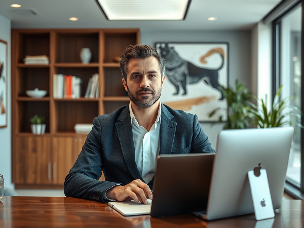 Мужчина в деловом костюме сидит за столом в офисе, работает на ноутбуке и смотрит на камеру.