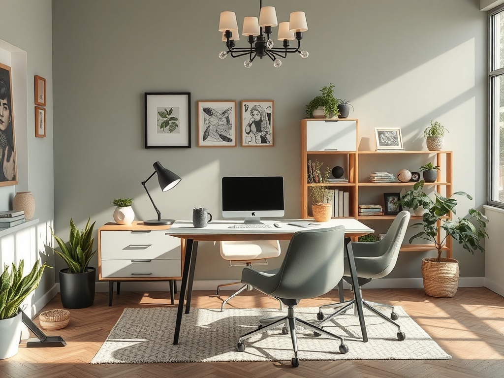 Современный кабинет с большим окном, растениями, светильником и стильной мебелью.