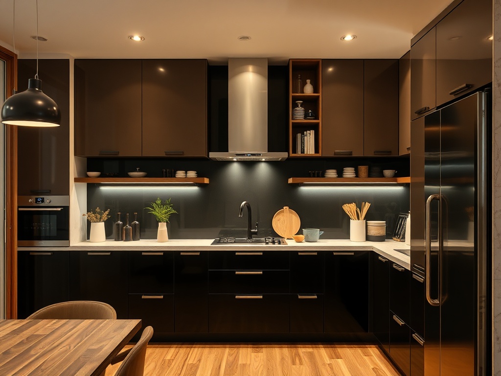 Современная кухня с черными шкафами, светлыми столешницами и освещением. Минимальный и стильный интерьер.