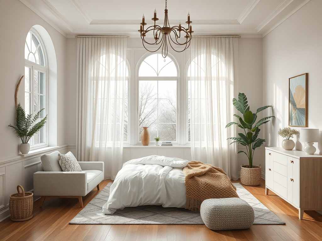 Современная спальня с большими окнами, светлыми тонами и уютной обстановкой: кровать, диван и растения.