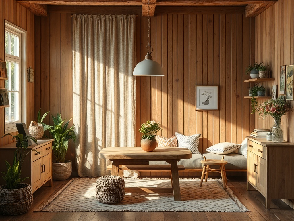 Светлая комната с деревянными стенами, уютной мебелью и зелеными растениями, создающая атмосферу уюта.